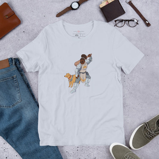 Unisex Tee: Fantasy Character with Wooden Club, Armor & Seeing Eye Dog