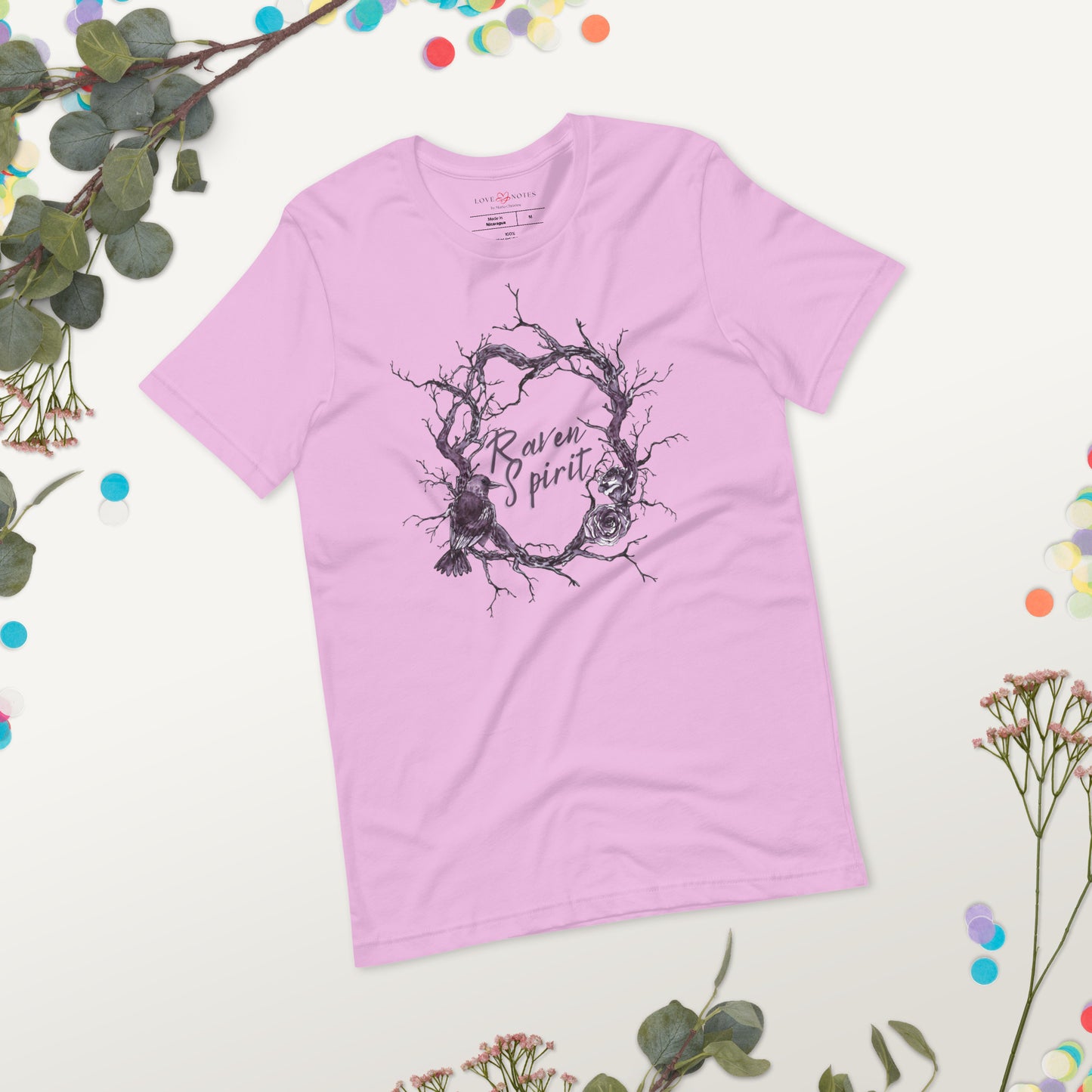 Unisex Tee: Raven Spirit with Branches & Roses