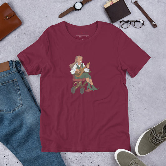 Unisex Tee: Fantasy Character Musician in Wheelchair Playing Guitar