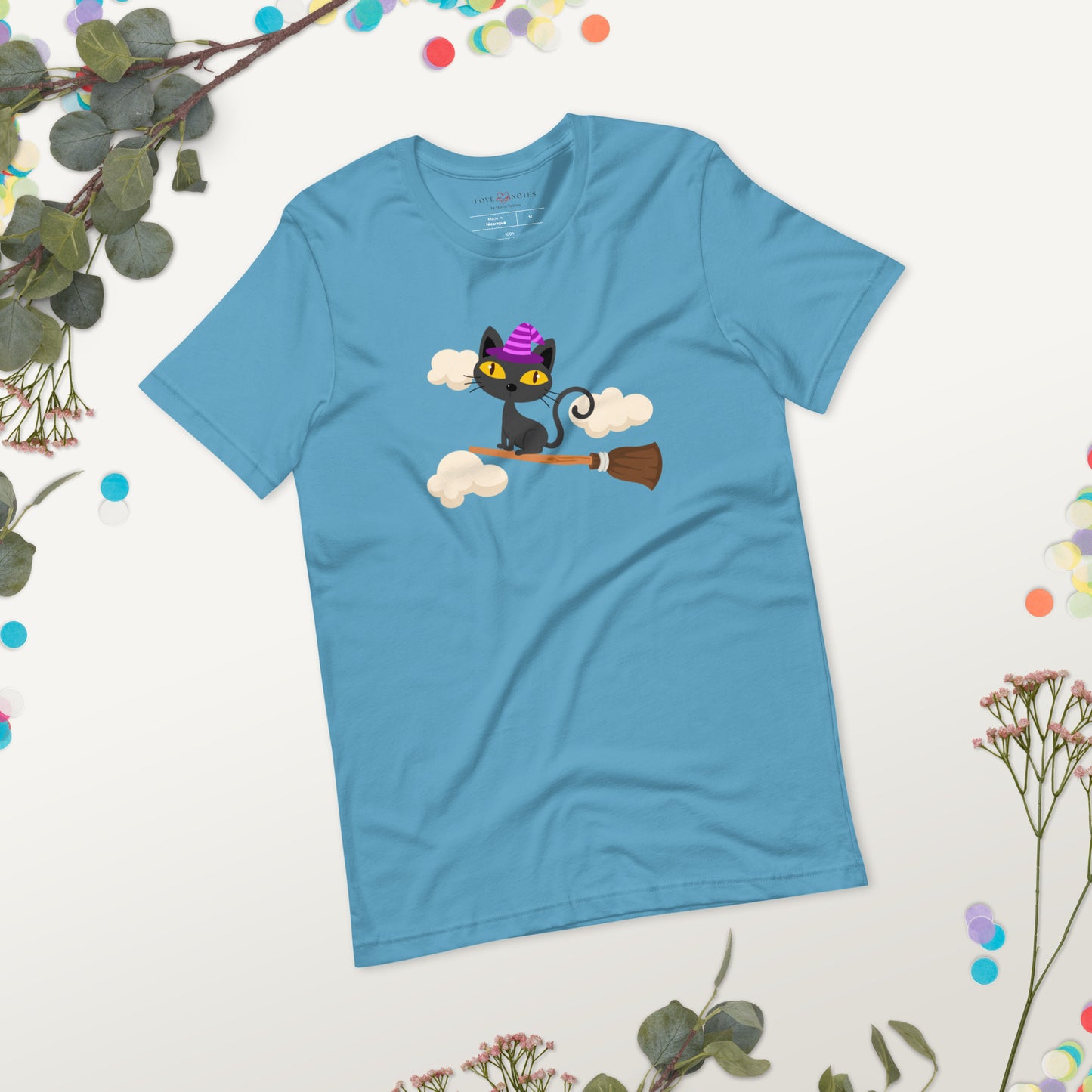 Unisex Tee: Witch Cat Flying on Broom
