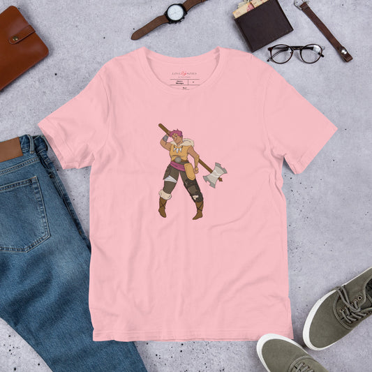 Unisex Tee: Fantasy Character with Leg Brace & Double-Headed Axe