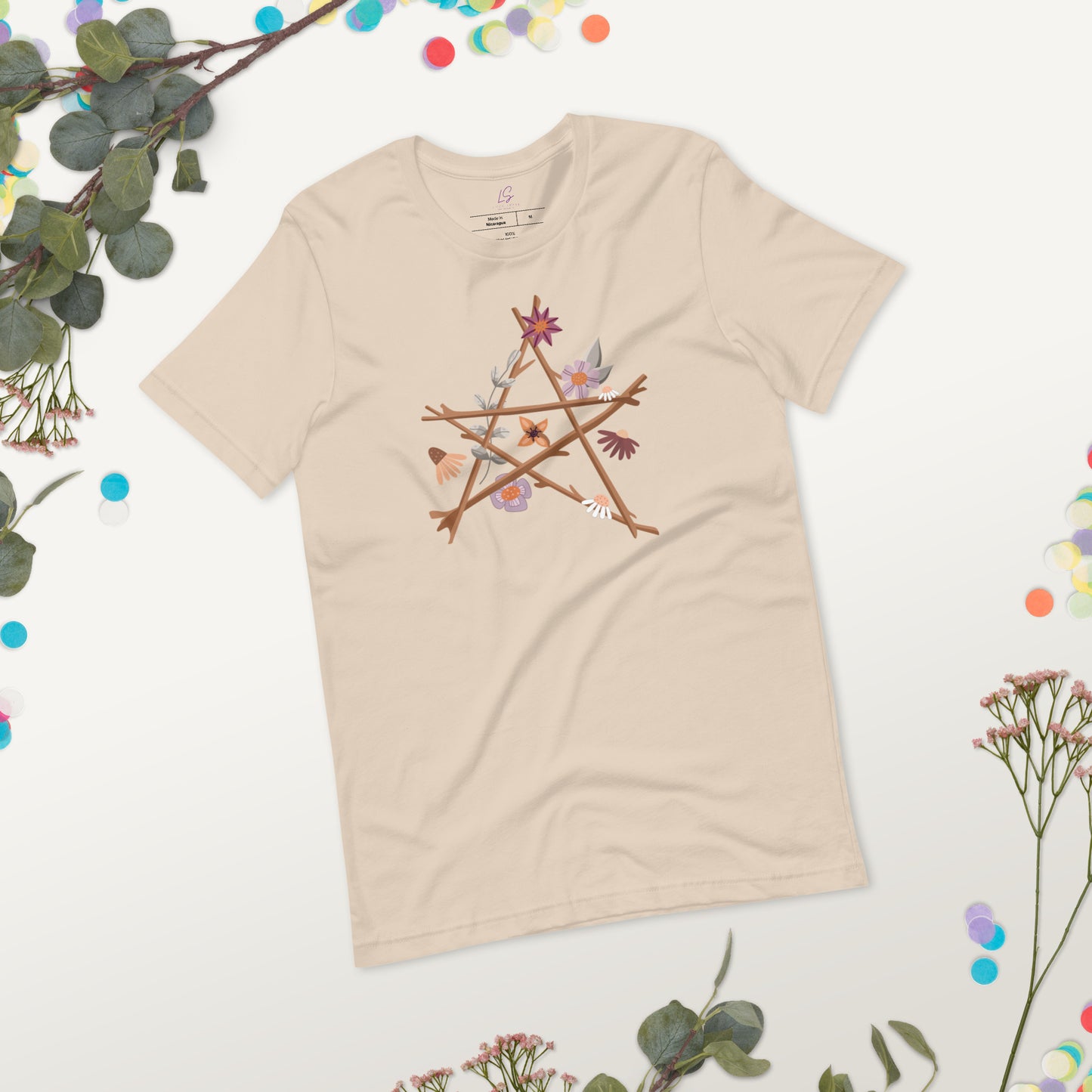 Unisex Tee Bella + Canvas 3001: Pentagram of Sticks with Flowers