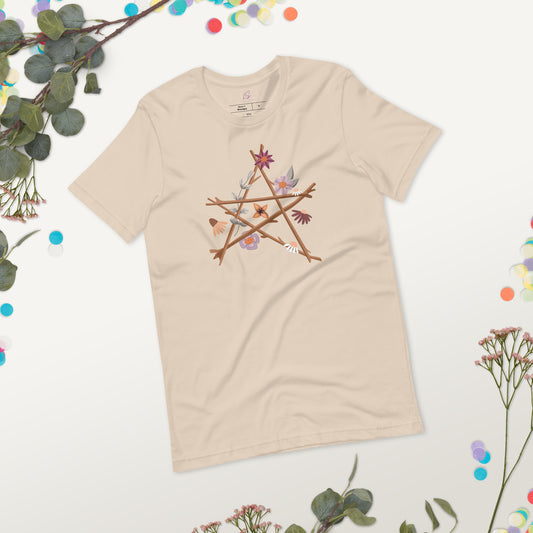 Unisex Tee: Pentagram of Sticks with Flowers