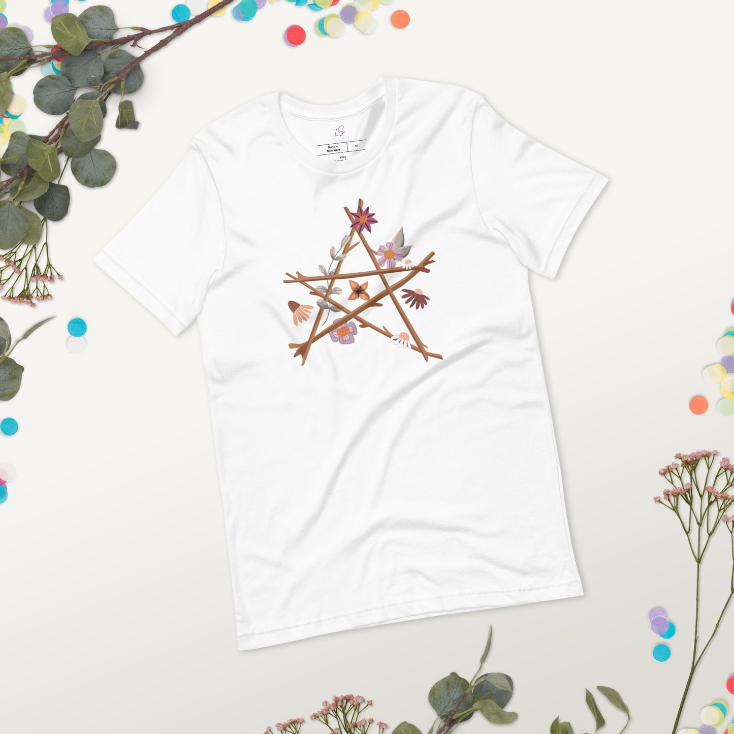 Unisex Tee: Pentagram of Sticks with Flowers