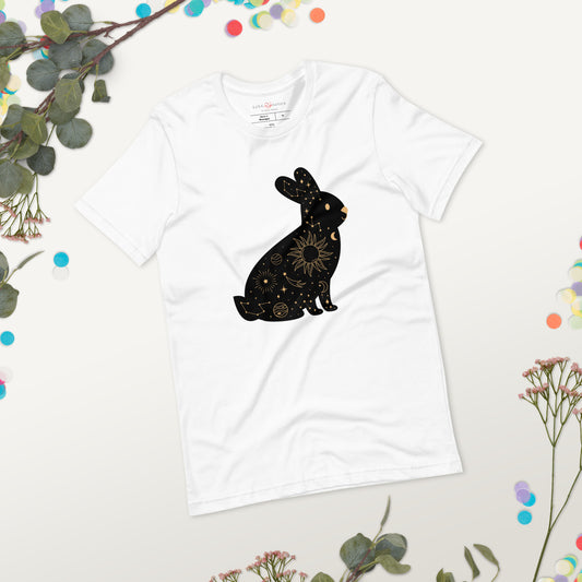 Unisex Tee: Celestial Bunny Rabbit (black and golden)