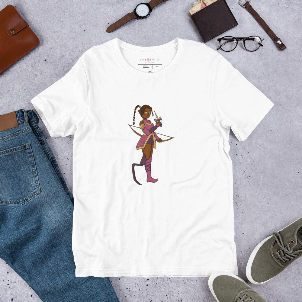 Unisex Tee: Fantasy Character with Lower-Leg Prosthesis, Bow & Dagger